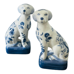 Pair of Wong Lee Blue & White Porcelain Staffordshire Dog Figurines – Wl 1895 Hand-Painted Floral Mantel Dogs Bookends