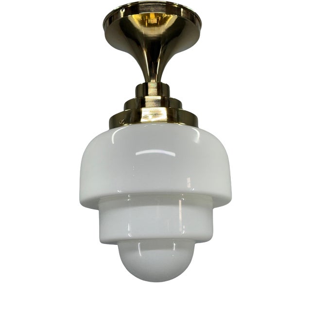Vintage Art Deco Brass and Opaline Glass Flush Mount, 1930s For Sale