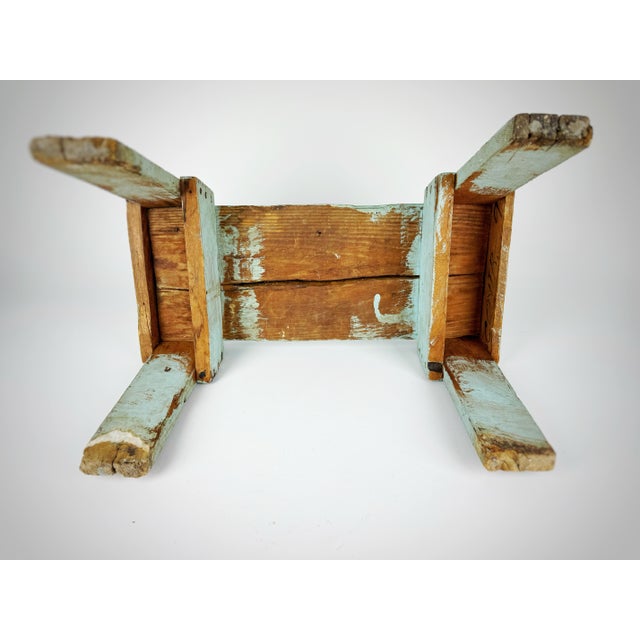 Primitive Blue Painted Wooden Stool | Antique Farmhouse Riser | Rustic Chippy Paint Footstool For Sale - Image 10 of 12