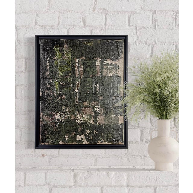 Original abstract painting by J. Kent Martin featuring deep forest green, moss, charcoal, and muted neutral tones in a...