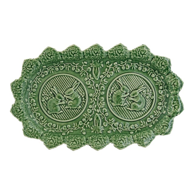 Vintage Bordallo Pinheiro Green Bunny Sandwich Tray For Sale