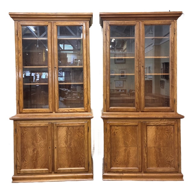 Vintage Pair of Elmwood Bookcases / Cabinets With Adjustable Shelves , Uk Import c.1950 For Sale