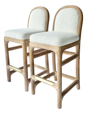 1970s Pair of Wicker Pencil Reed Brass Upholstered Bar Stools After Gabriella Crespi