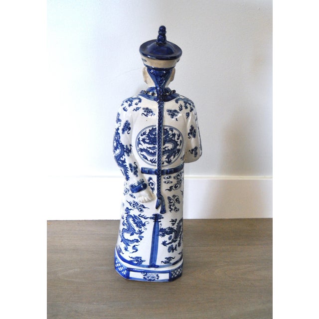 1940s Blue White Statuette of Chinese Figure With Dragon Traditional Robe and Character Reign For Sale - Image 4 of 13