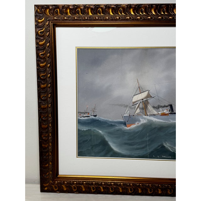 s.s. Shelley Steam Sail Ship in Heavy Seas — Attributed to Lucas Papaluca Early 20th Century Neapolitan Marine Painting | Gouache on Paper | Framed For Sale - Image 6 of 18