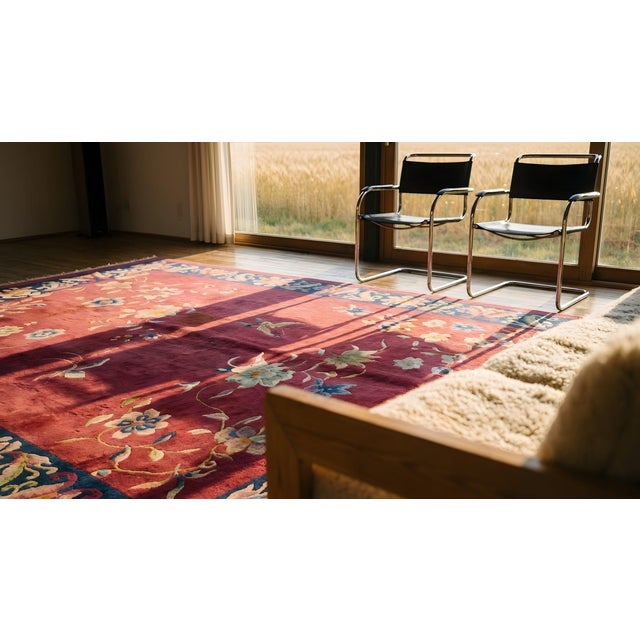 1920s Pink Floral Modern Antique Chinese Art Deco Rug 9'0" X 11'6" Handknotted Wool Carpet For Sale - Image 9 of 9