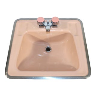 1959 Vintage Standard Corallin Pink Drop-in Porcelain & Cast Iron Sink With Metal Border and Crome and Porcelain Faucet For Sale