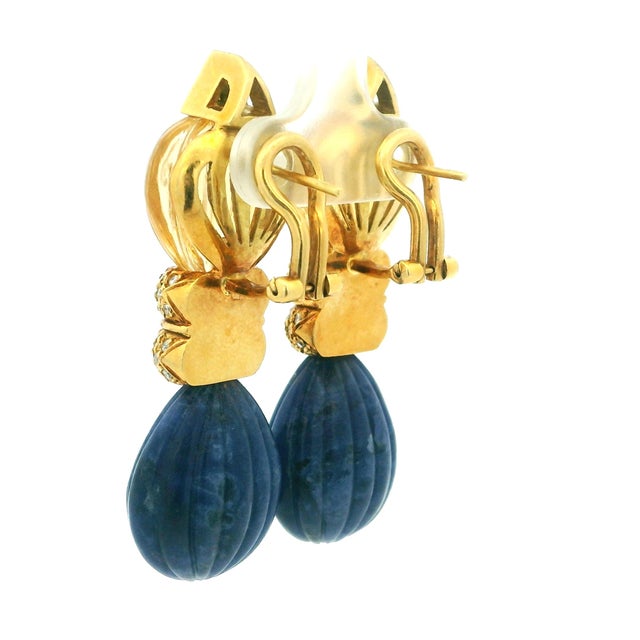 1980s Italian Carved Lapis Topaz Diamond 18k Gold Drop Earrings, Pair For Sale - Image 10 of 17