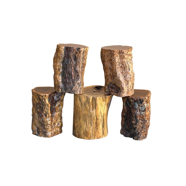 Set of 5 Raw Wood Rough Grain Finish Irregular Shape Short Stool Table For Sale - Image 10 of 11