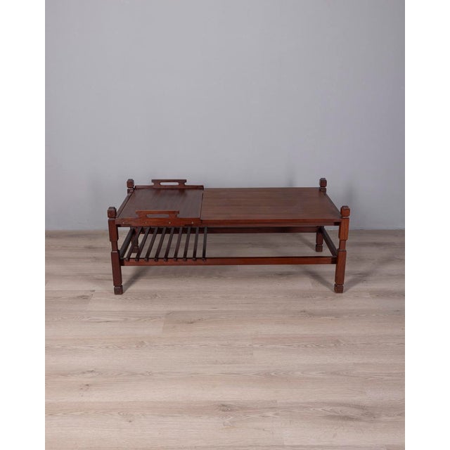 Coffee table with wooden structure, slatted lower surface, upper surface with removable tray, Italian design, 1960s.
