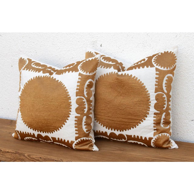 Pair of Gold & White Medallion Suzani Pillow Covers For Sale - Image 4 of 9