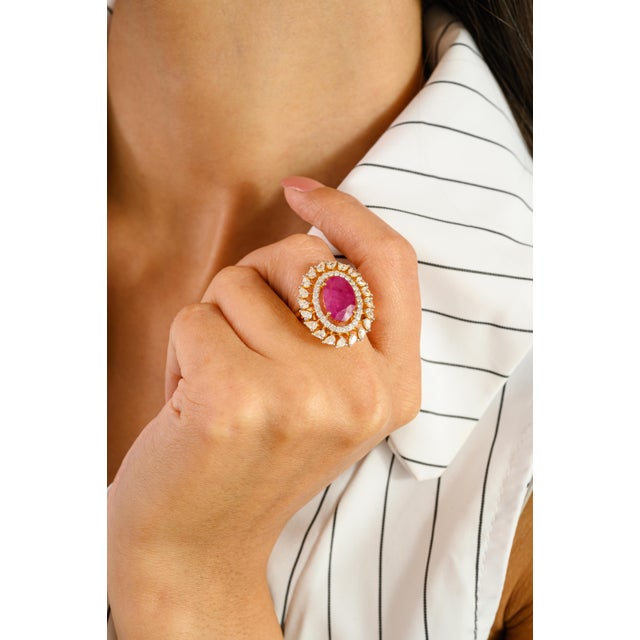 Not Yet Made - Made To Order 4.69 Ct Ruby Contemporary Cocktail Ring With Halo Diamonds 14k Gold Size 7 For Sale - Image 5 of 15