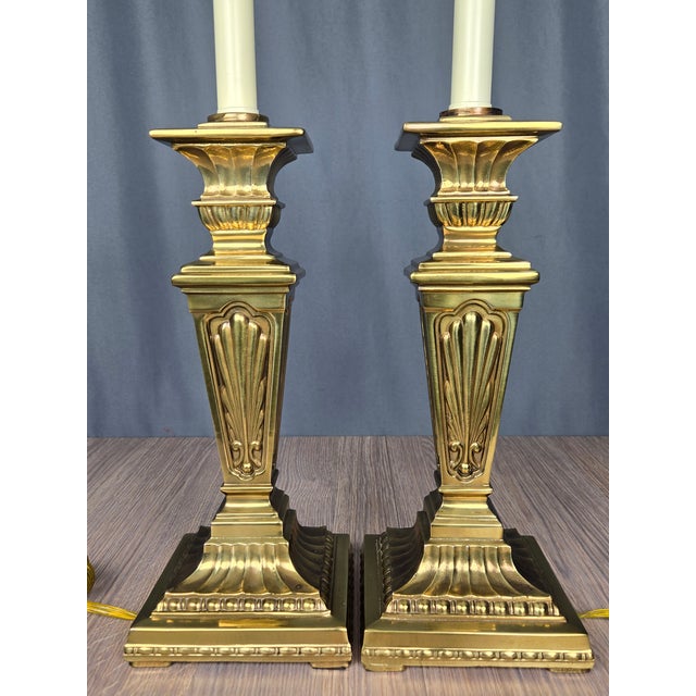 Hollywood Regency Pair Stiffel Brass Column Faux Candlestick Table Buffet Lamps For Sale - Image 3 of 17