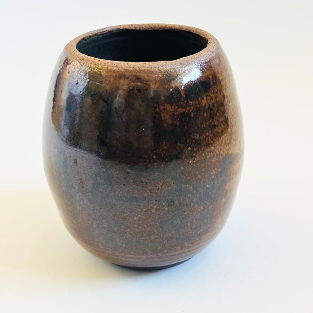 Ceramic Vintage Brown Studio Pottery Vase With Overlapping Brown and Black Glazes For Sale - Image 7 of 11