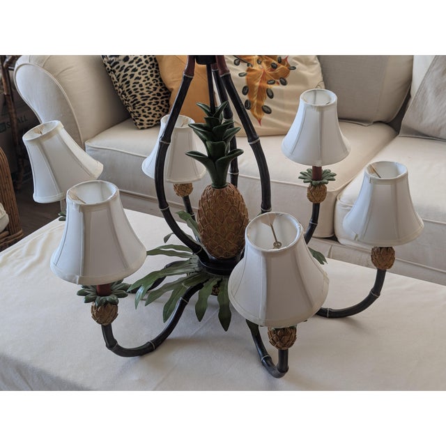 Vintage British Colonial Pineapple & Faux Bamboo Chandelier — Artist-Repainted by Anne Yates Burst, Indies Landing, Winter Park Fl For Sale - Image 13 of 16