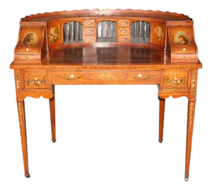 English Made Satinwood Adams Paint Decorated Carlton House Desk With Cubbies