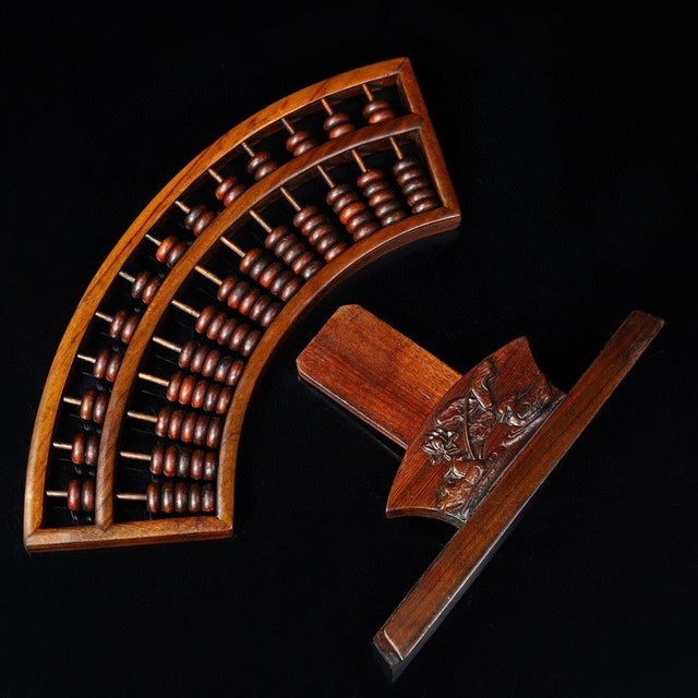 1970s Handcrafted Rosewood Fan-Shaped Abacus - Chinese Wooden Calculator With Stand For Sale - Image 4 of 9
