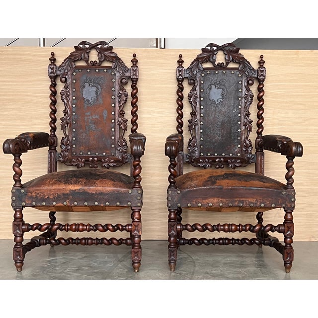 Pair of Colonial Catalan Spanish Altar Armchairs With Carved Leather For Sale - Image 4 of 12