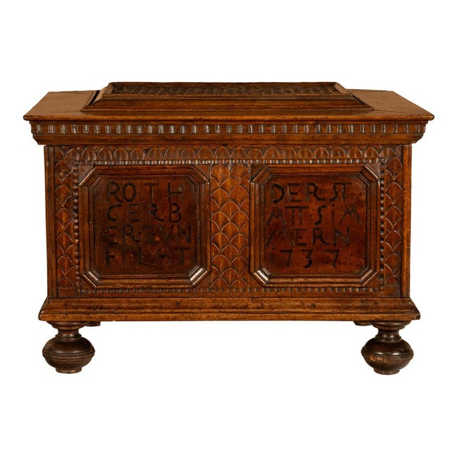 Baroque Antique Carved Walnut & Iron Coffer Chest Strong Guild Box Simmern Germany 1737 For Sale - Image 3 of 18