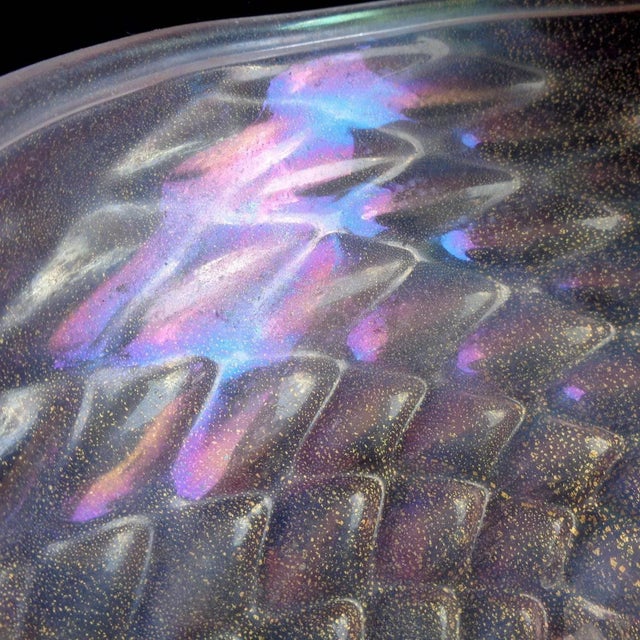 Antique Murano Pink Opal Gold Flecks Iridescent Diamond Quilted Surface Italian Art Deco Glass Serving Bowl For Sale - Image 9 of 12