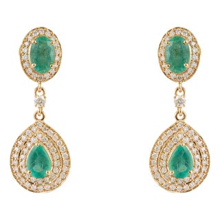1.68ct Pear-Cut Emerald & Diamond Double Halo Drop Earrings in 14k Yellow Gold- 2 Pieces For Sale