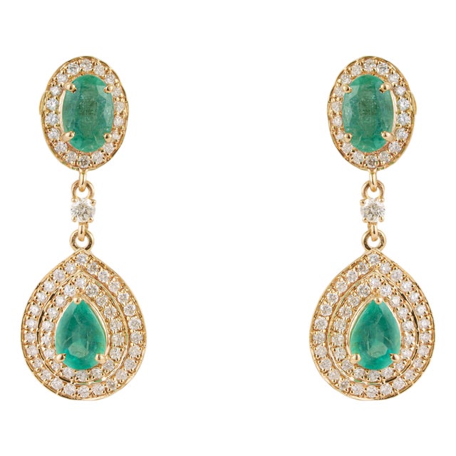 1.68ct Pear-Cut Emerald & Diamond Double Halo Drop Earrings in 14k Yellow Gold- 2 Pieces For Sale