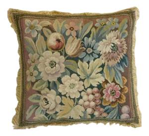 Antique 19th Century French Aubusson Tapestry Pillow - 19'' X 19''