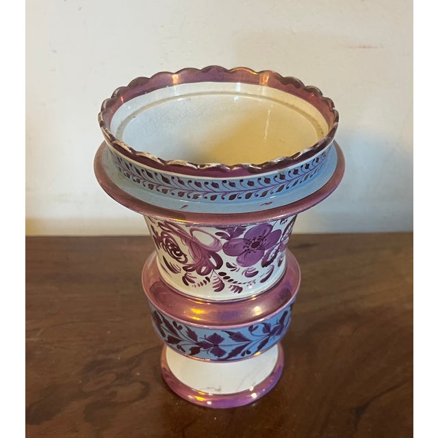 Antique Early 19th Century English George III Pink Luster Vase With Blue Bands Circa 1820 For Sale - Image 4 of 11