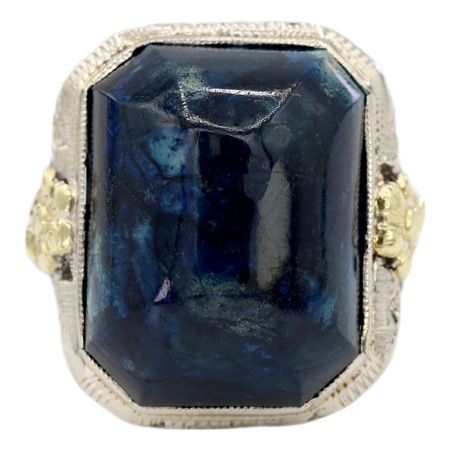 14k Two Tone Yellow and White Gold Blue Stone Ornate Floral Motif Ring, Size 5.25 For Sale