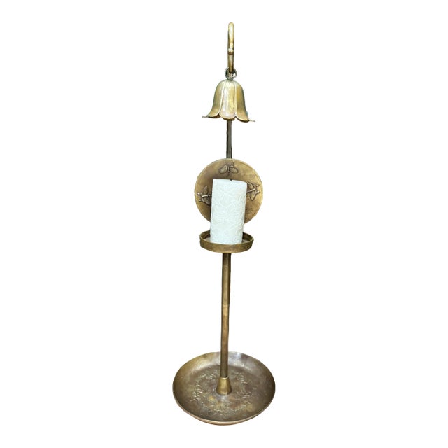 Late 19th Century Korean Brass Butterfly Reflector Candlestick With Lotus Snuffer For Sale