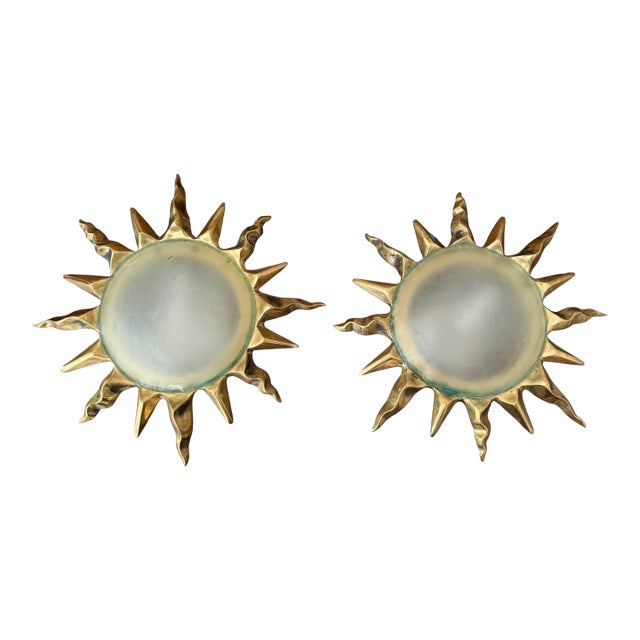 Vintage Sunburst Bronze Wall Sconces Frosted Glass Dome Lights Mid Century - a Pair For Sale