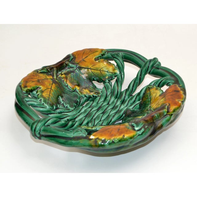 Mid-Century Modern Vallauris France Glazed Woven Ceramic Basket Dark Green Fall Motif Pottery 70 For Sale - Image 3 of 12