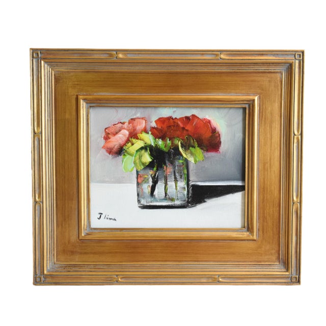 French Country Red Roses Bouquet Flowers in Vase Oil Painting Including the Antiqued Gold Wood Frame For Sale - Image 3 of 7