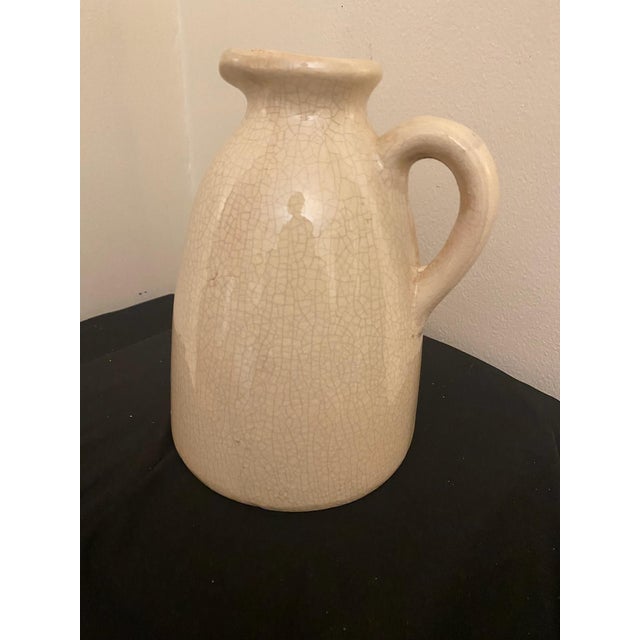 Vintage Cream Stoneware Pitcher Heavy Crackle Glaze Rustic Farmhouse Jug Vase For Sale - Image 4 of 6