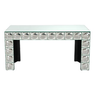 Console Table with Mirrored Glass Tiles and Curved Silver Finish Entryway Table, 1980s For Sale