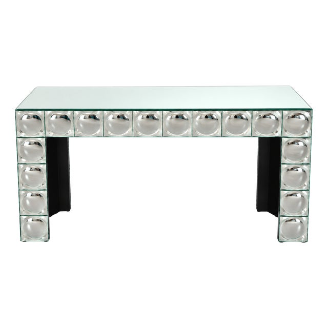 Console Table with Mirrored Glass Tiles and Curved Silver Finish Entryway Table, 1980s For Sale