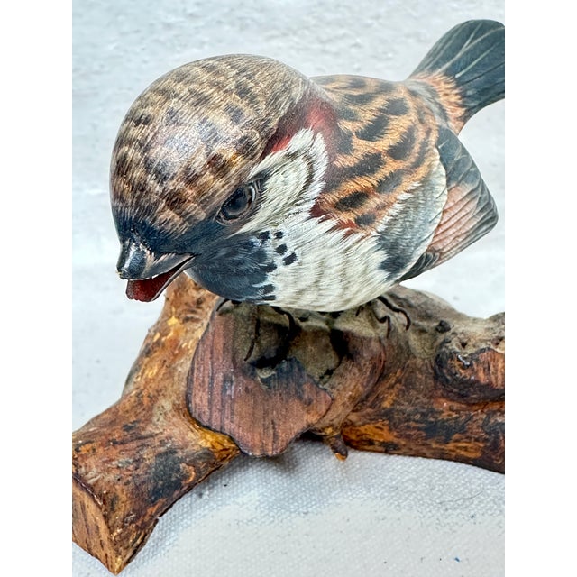 Vintage Hand-Carved & Painted Wooden House Sparrow Bird Sculpture on Driftwood Base For Sale - Image 9 of 12
