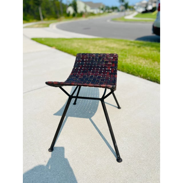 Katavolos Style Woven Leather and Iron Stool After Lila Swift & Donald Monell For Sale - Image 9 of 13