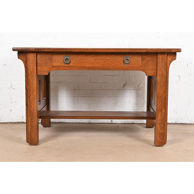 Mission Lifetime Furniture Antique Mission Oak Arts & Crafts Desk or Library Table, Newly Refinished For Sale - Image 3 of 12
