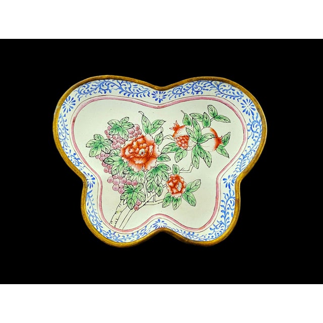 C1950 Chinese Enameled Butterfly-Shape Pin Tray, Peonies, Polychrome Enamel 6" For Sale - Image 12 of 15