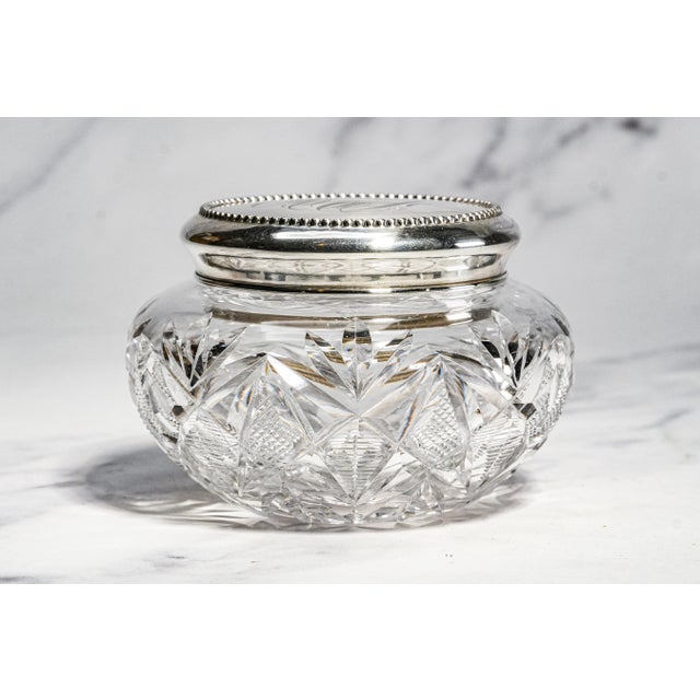 1910s Brilliant Antique Cut Crystal Powder Jar Sterling Silver Lid Edwardian Vanity Jewelry Box Luxury Home Decor For Sale - Image 5 of 15