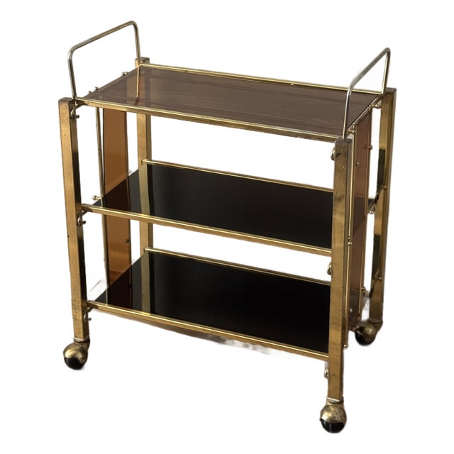 Vintage Gold-Tone Metal and Plastic Three-Tier Bar Cart For Sale