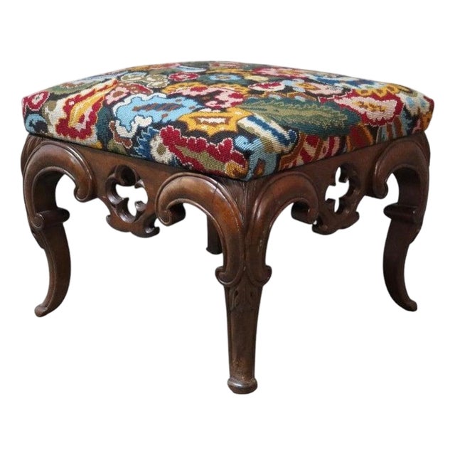 Rococo Carved Walnut Floral Needlepoint Footstool C1880 For Sale