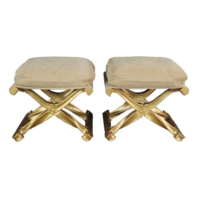Late 20th Century Baker Furniture French Louis XV Gilt X Form Pliants Ottoman Footstools- a Pair For Sale