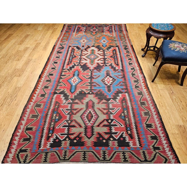 Antique Caucasian Kazak Kilim, Handwoven Wool, Geometric Design, Terracotta & Turquoise, 6x11 For Sale - Image 14 of 18
