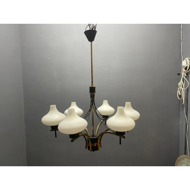 Black Vintage Brass and Opaline Glass Six-Light Chandelier, 1950s For Sale - Image 8 of 12