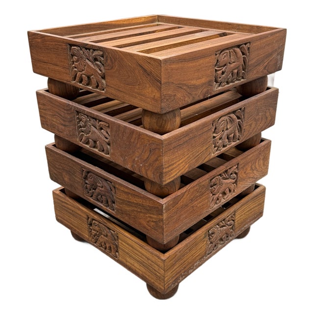 Vintage Carved Wood Slatted Platform Stands, Set of Four For Sale