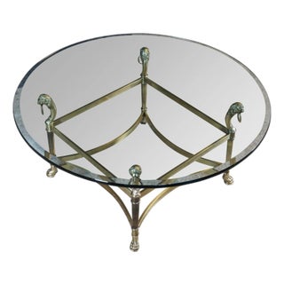Vintage Italian Regency Figural Brass Lion Head Round Glass Coffee Table 39" For Sale