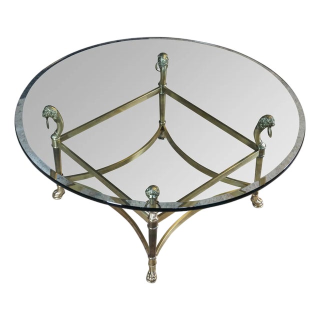 Vintage Italian Regency Figural Brass Lion Head Round Glass Coffee Table 39" For Sale