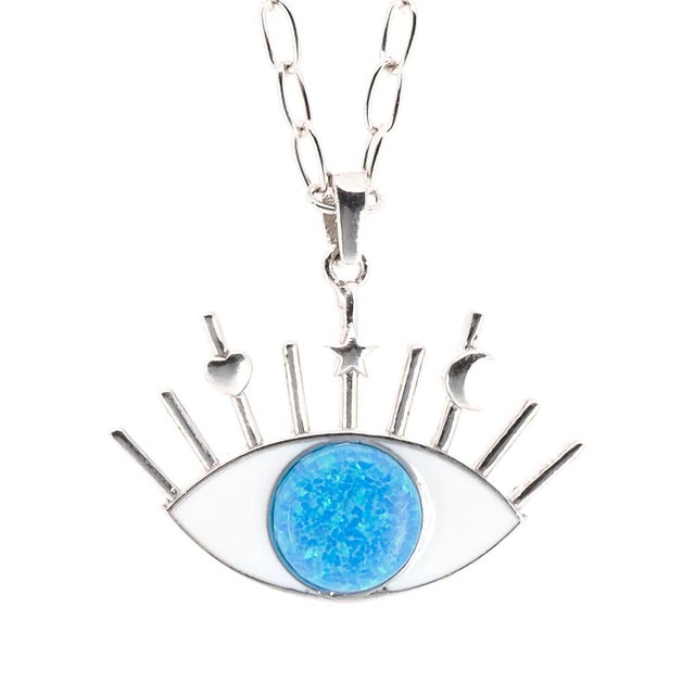 Contemporary Silver Blue Opal Evil Eye Pendant Necklace For Sale - Image 3 of 7
